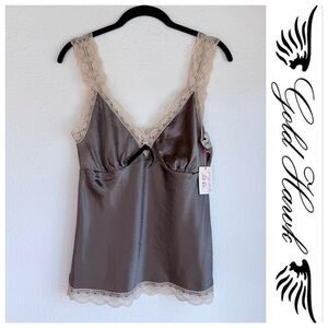 NEW Gold Hawk 100% Silk Lace Trimmed Velvet Bow Camisole in Truffle Brown Size S